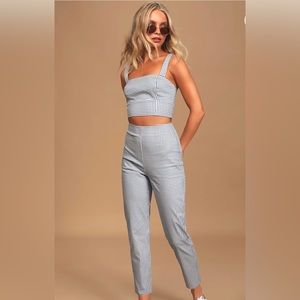 Lulus Blue Gingham Crop Top and Trouser Set